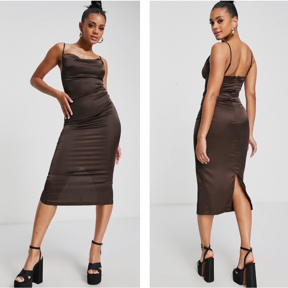 Parisian satin cami cowl neck midi dress chocolate brown 8